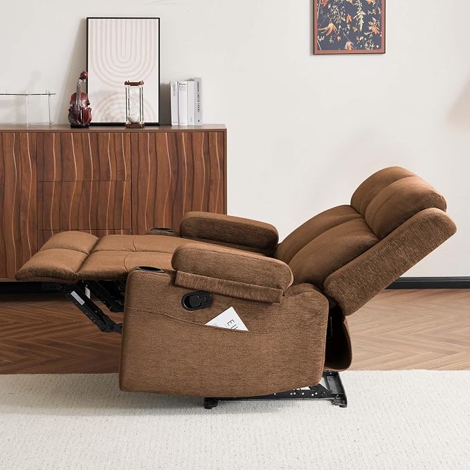 GUEAPY 55" Loveseat Reclining Sofa with Cup Holders – Manual Double Reclining Sofa for Aprtment & Small Spaces, Chenille Fabric Reclinig Couch with Wide Armrests & Side Storage for Livingroom Brown