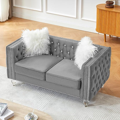 60" Chesterfield Sofa, Velvet Mid-Century Modern Upholstered Loveseat Sofa with 2 Throw Pillows and Acrylic Legs, Nailhead Button Tufted Vintage Couch for Living Room, Apartment, Grey