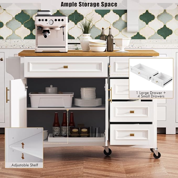 Large Kitchen Island with Rubber Wood Drop Leaf, Rolling Kitchen Cart with Ample Storage on Wheels with Doors and Drawers, Embossed Texture for Dining Room (52Inch, White, Golden Handle)