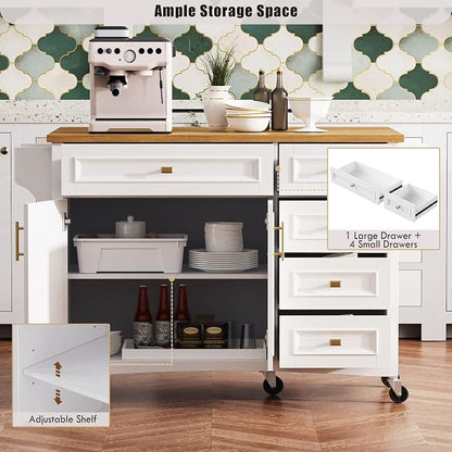 Large Kitchen Island with Rubber Wood Drop Leaf, Rolling Kitchen Cart with Ample Storage on Wheels with Doors and Drawers, Embossed Texture for Dining Room (52Inch, White, Golden Handle)