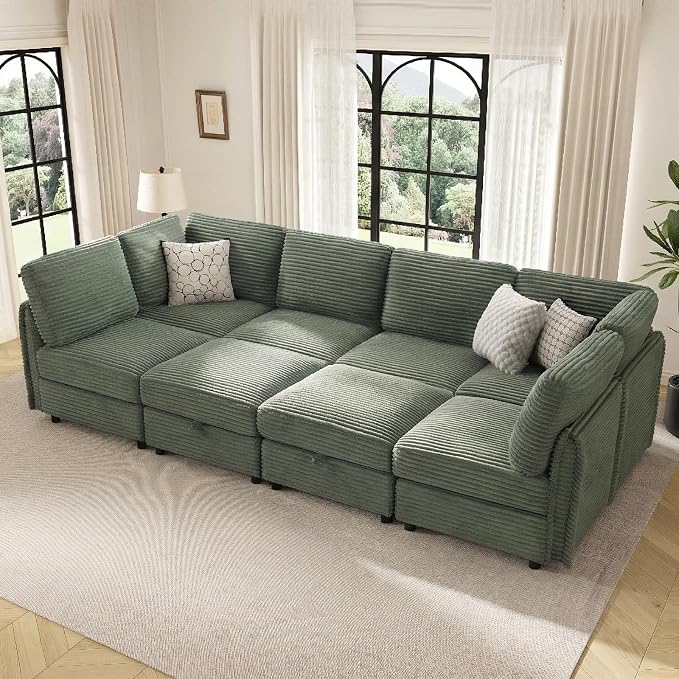KKL 123" Oversized Sofa Bed with Storage Ottoman for Living Room,Convertible Modular Sectional Couches L/U/J-Shaped Sleeper Sofa Bed Plush Wide-Wale Corduroy Couch, Apartment, Green
