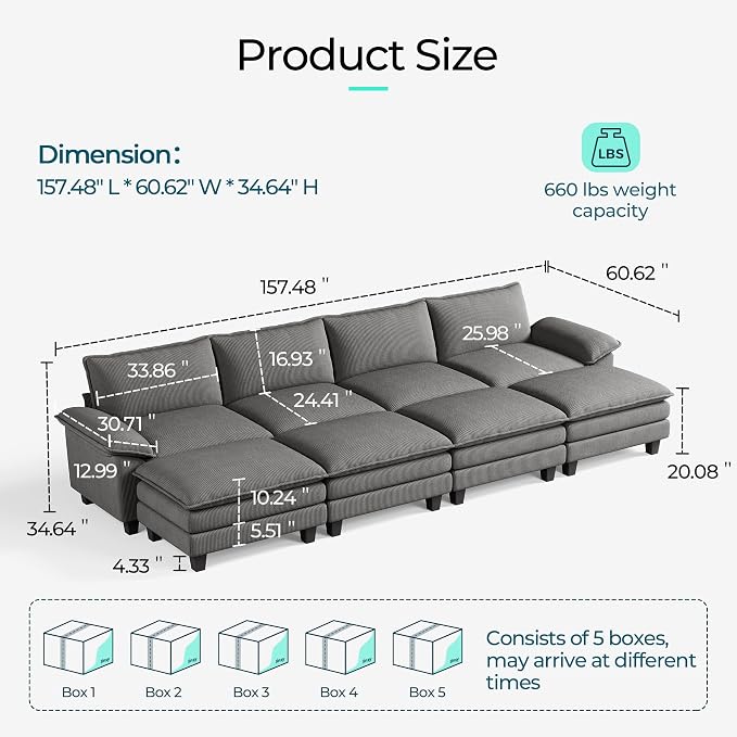 LINSY HOME 157'' Modular Sectional Sofa 4 Seat Couch Corduroy Cloud Couch with Deep Seat, Modern Cloud Couch with 4 Movable Ottoman for Living Room, Office, Bedroom, Grey