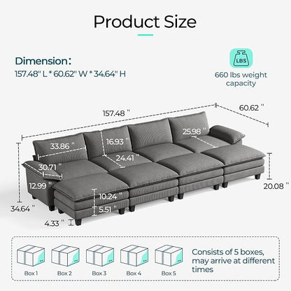 LINSY HOME 157'' Modular Sectional Sofa 4 Seat Couch Corduroy Cloud Couch with Deep Seat, Modern Cloud Couch with 4 Movable Ottoman for Living Room, Office, Bedroom, Grey