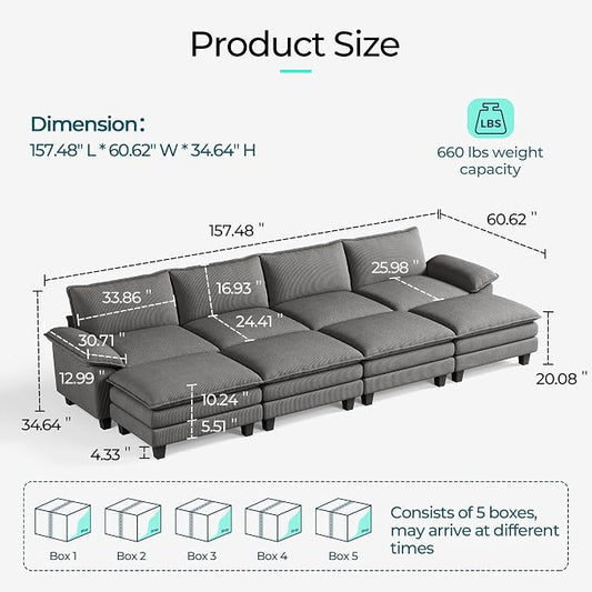 LINSY HOME 157'' Modular Sectional Sofa 4 Seat Couch Corduroy Cloud Couch with Deep Seat, Modern Cloud Couch with 4 Movable Ottoman for Living Room, Office, Bedroom, Grey