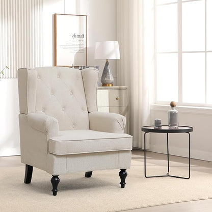 Accent Chair for Living Room, Mid Century Modern Upholstered Armchair, Wingback Chair with Tufted High Back and Solid Legs, Comfy Single Sofa Side Chairs for Bedroom, Khaki