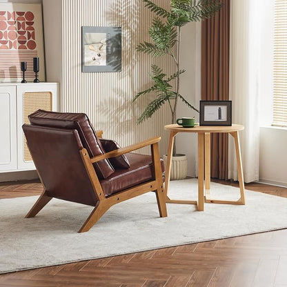Karl home Mid-Century Lounge Accent Chair, Red-Brown | Wide Curved Armrest, PU Leather, Lumbar Pillow Included, Solid Wood Frame, For Living Room, Bedroom, Balcony, Apartment