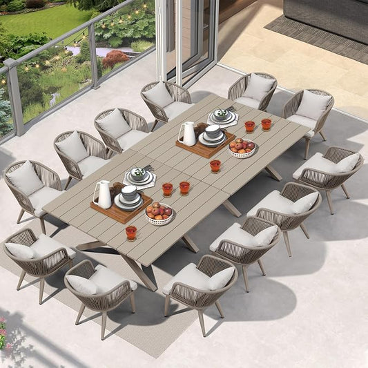 PURPLE LEAF 14 Pieces Patio Dining Set Wicker Outdoor Furniture Oversize Rectangular Table and Chairs Set for Garden Deck Aluminum Frame Backyard Kitchen Set, Cushions and Pillows Included Champagne