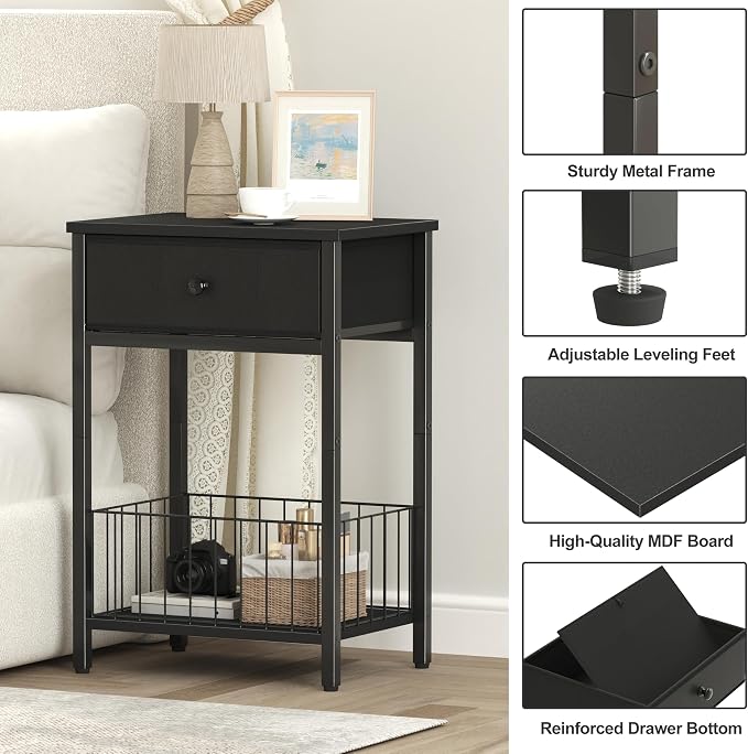 Nightstands Set of 2 with PU Leather Front Drawer, 3-Tier End Table with Bottom Mesh Basket, Industrial Bedside Tables for Bedroom, Black