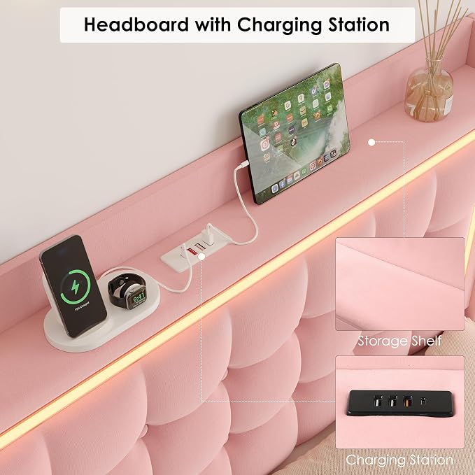 Keyluv Twin Floating Bed Frame with Storage Headboard, LED Lights & Charging Station Platform Bed, Soft Upholstered Velvet, USB/Type-C Ports, Easy Assembly, Pink