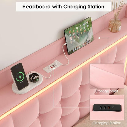 Keyluv Twin Floating Bed Frame with Storage Headboard, LED Lights & Charging Station Platform Bed, Soft Upholstered Velvet, USB/Type-C Ports, Easy Assembly, Pink
