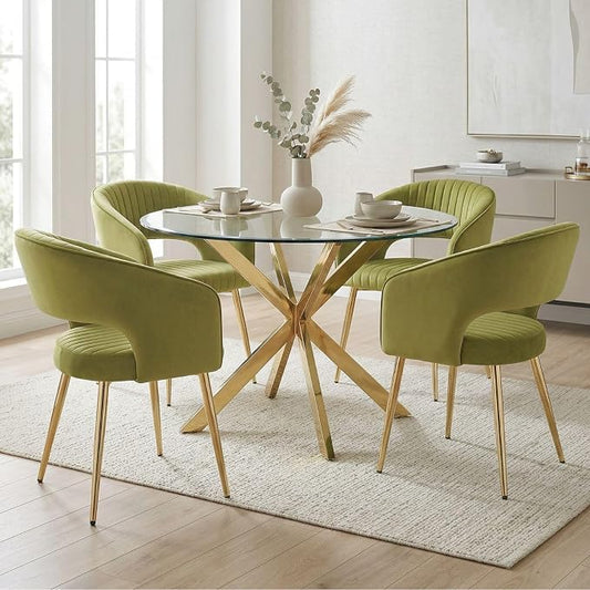 Hyfirm Green Velvet and Gold Dining Chairs, Set of 4 Modern Upholstered Arm Chairs with Hollow Backrest, Tufted Accent Side Chair with Sturdy Metal Legs for Dining Room, Living Room, Kitchen, Salon