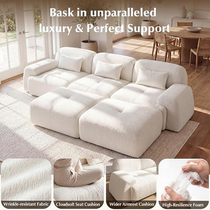 118'' Modular Sectional Cloud Couch Boneless Couches, Oversize Curved Sectional Couches for Living Room, Deep Seat Couch Lambswool Sofa with Ottoman & Throw Pillows, No Assembly, HR Foam