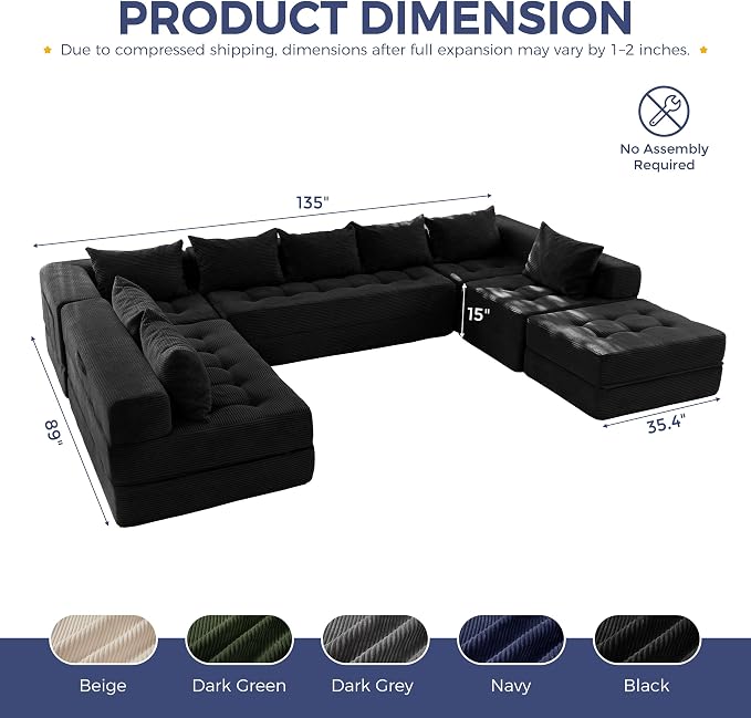 MAXYOYO Modular Sectional Sofa Couch, Foldable Oversized U Shaped Cloud Couch with Pillows, Tufted Boneless Lounger Floor Sofa Bed for Living Room, No Assembly Required, Black