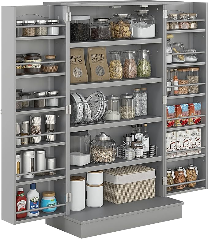 HOMCOM 41" Kitchen Pantry Storage Cabinet, Freestanding Kitchen Cabinet with 12 Door Shelves, Double Doors, 5-Tier Shelving and Adjustable Shelves, Gray
