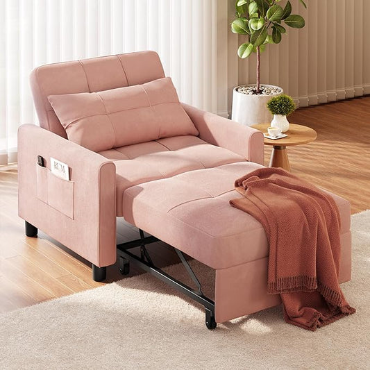 Ahomly Convertible Sleeper Chair Sofa Bed with 3-in-1 Design, Adjustable Backrest, and Storage Pocket for Living Room, Pink