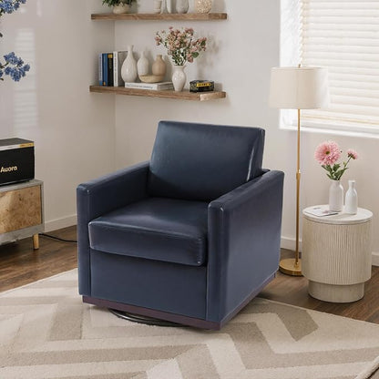 360° Swivel Accent Chair, 31" Wide Faux Leather Upholstered Club Armchairs for Living Room, Comfy Square Swivel Barrel Chair with Metal Base, Navy