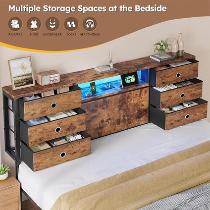 Homkdom King Size Bed Frame with 9 Fabric Drawers Storage, Charging Station & LED Lights, Metal Platform Bed Frame with Headboard,Noise-Free and Easy Assembly for Bedroom,Modern Brown