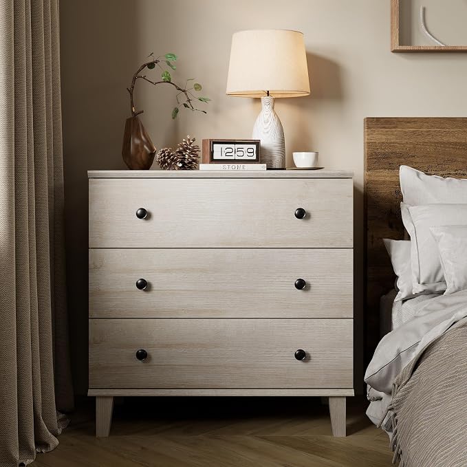 Bedroom Dresser with 3 Drawers, Chest of Drawers, Modern Closet Organizer Bachelors Chest w/Solid Wood Legs for Living Room, Baby Room, Nursery,Beige Oak