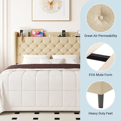 Allewie Queen Size Bed Frame, Storage Headboard with Charging Station, Wingback Linen Upholstered, Diamond Stitched Button Tufted, Sturdy Wooden Slats, No Box Spring Needed, Easy Assembly, Beige