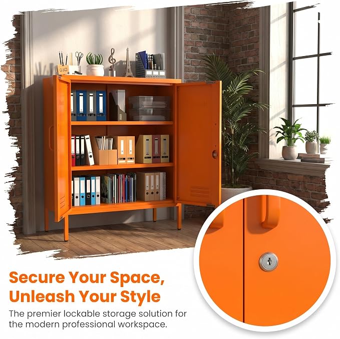 Multipurpose Accent Cabinet Locker, Metal Storage Cabinet with 2 Adjustable Shelves, Heavy Duty & Lockable Organizer Made of Thickened Steel, Easy Assembly for Home, Entryway, Orange