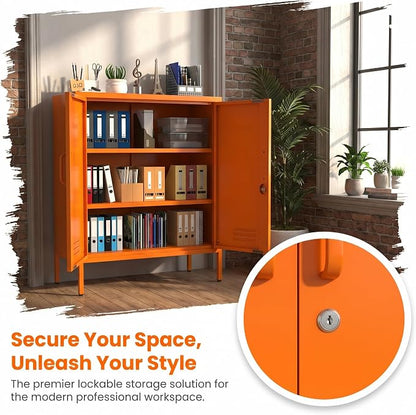 Multipurpose Accent Cabinet Locker, Metal Storage Cabinet with 2 Adjustable Shelves, Heavy Duty & Lockable Organizer Made of Thickened Steel, Easy Assembly for Home, Entryway, Orange