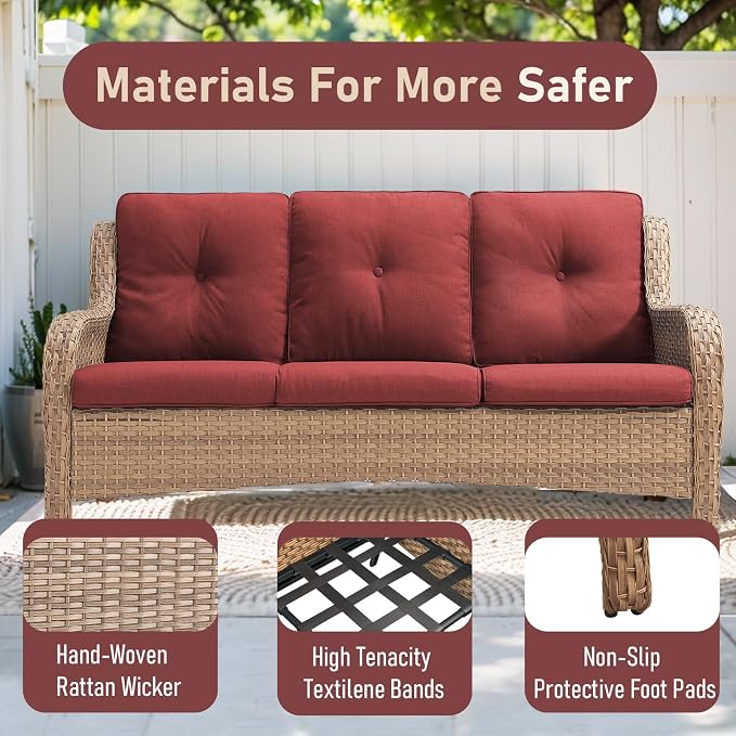 Outdoor Wicker Couch-Outdoor Couch All Weather PE Wicker Patio Sofa Outdoor Sofa Deep Seating for Porch Deck Backyard-Yellow/Red
