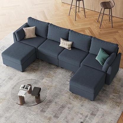 Huatean Home 114.17" Modular Sectional Sofa, 6 Seat Modular Couch with Storage, Memory Foam, Convertible Sectional Couches for Living Room, U Shaped Comfy Modular Sofa with Chaise, Blue Grey