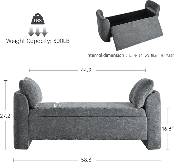 Usaint 58.3" Storage Ottoman Bench with Pillows, Upholstered End of Bed Bench with Arms, Footrest Stool Bench for Bedroom, Living, Window, Entryway and Hallway, Charcoal