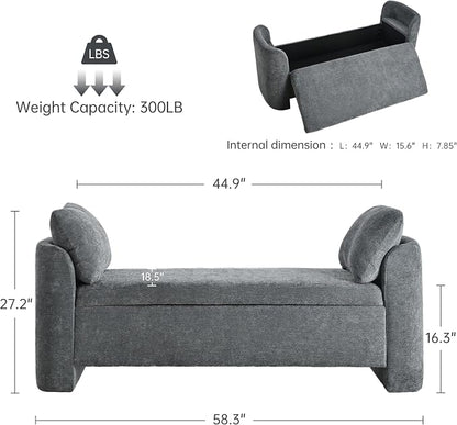 Usaint 58.3" Storage Ottoman Bench with Pillows, Upholstered End of Bed Bench with Arms, Footrest Stool Bench for Bedroom, Living, Window, Entryway and Hallway, Charcoal