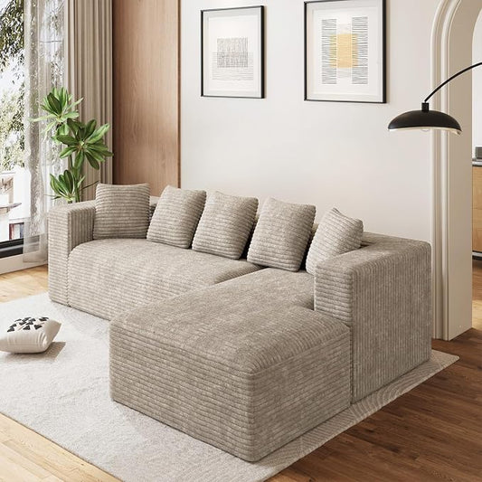 Oversized L Shaped Boneless Sectional Couches for Living Room, 107" Comfy Fluffy Cloud Modular Sectional Sofa, Plush Corduroy Memory Foam Floor Sofa with Right Facing Chaise Couch