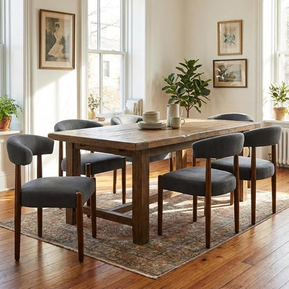 VKNOW Wooden Dining Chairs Set of 4, Modern Upholstered Dining Room Chairs with Walnut Wood Legs and Curved Backrest, Fabric Kitchen Chairs for Farmhouse/Living Room/Dining Room, Charcoal