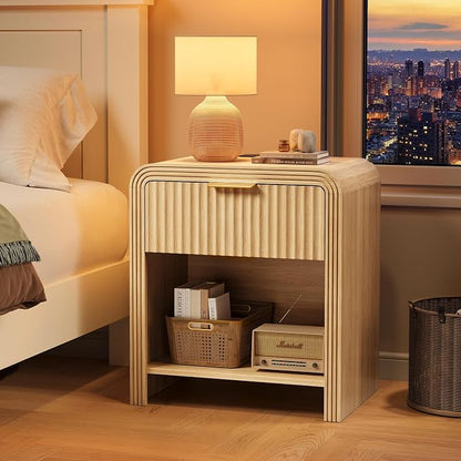 Decofy Fluted Nightstand with Charging Station, Modern Bedroom Side Table with Gold Handles, Curved Profile Design, End Table Wood Organizer for Bedroom, Open Shelf & 1 Drawers (2 Pack, Natural Oak)