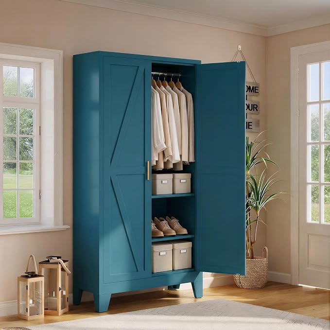 71" H Blue Armoire Wardrobe Closets,Metal Wardrobe Closet with Doors and Shelves