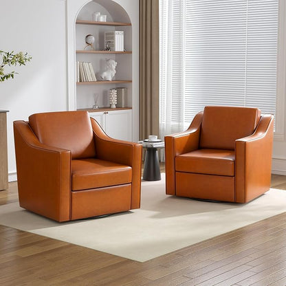 Swivel Accent Chairs Set of 2, 360° Swivel Upholstered Faux Leather Club Armchairs for Living Room, Comfy Single Sofa Reading Chair with Deep Seat, Metal Swivel Base, Light Brown