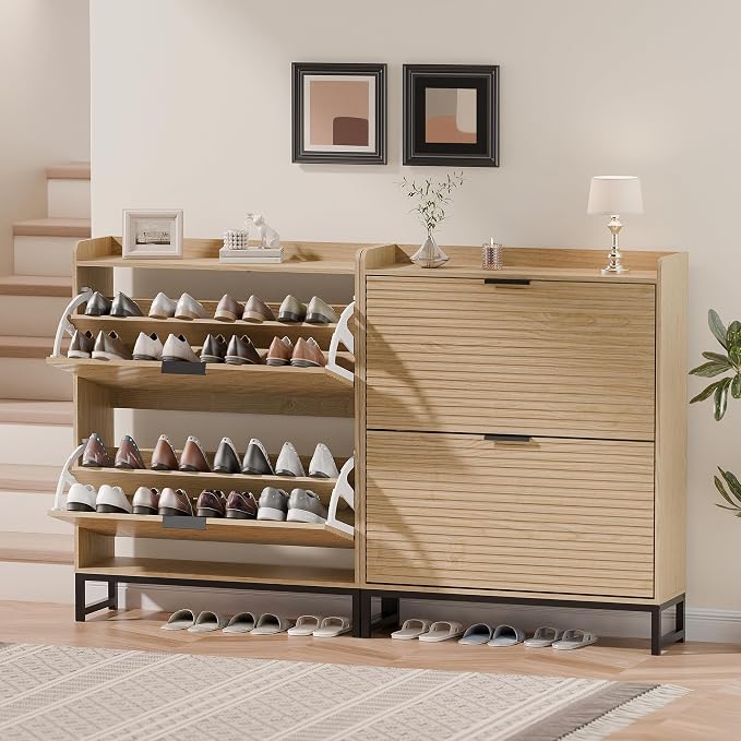 MU Shoe Storage Cabinet with 2 Flip Drawers, Freestanding Fluted Shoe Cabinet, Narrow Wood Shoe Cabinet, Hidden Shoe Organizer with Metal Legs for Entryway, Foyer, Hallway
