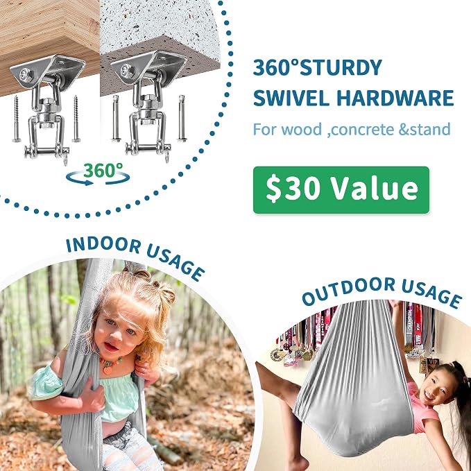 OUTREE Sensory Swing for Kids with 360° Swivel Hanger, Indoor Therapy Swing Great for Autism, ADHD, Sensory Processing Disorder, and Autistic Children (Gray)