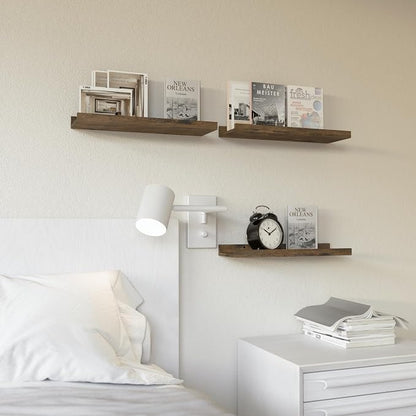 RICHER HOUSE 3 Set Floating Shelves for Wall Decor, 16 inches Wall Mounted Book Shelf, Nursery Shelves Picture Ledge Shelf with Lip for Storage, Bedroom, Living Room, Bathroom - Brown