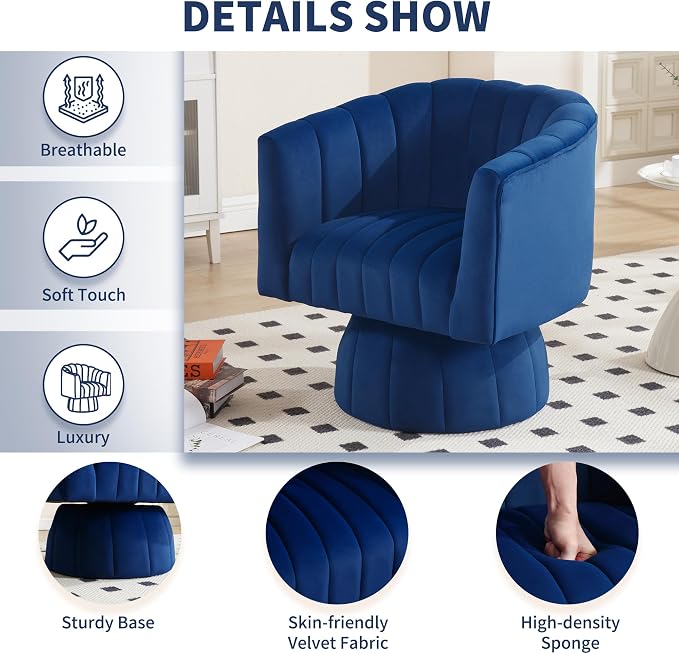 Swivel Accent Barrel Chair Set of 2- Cute Comfy Small Round Arm Chair Velvet Sofa Club Reading Chair for Living Room Bedroom Dark Blue
