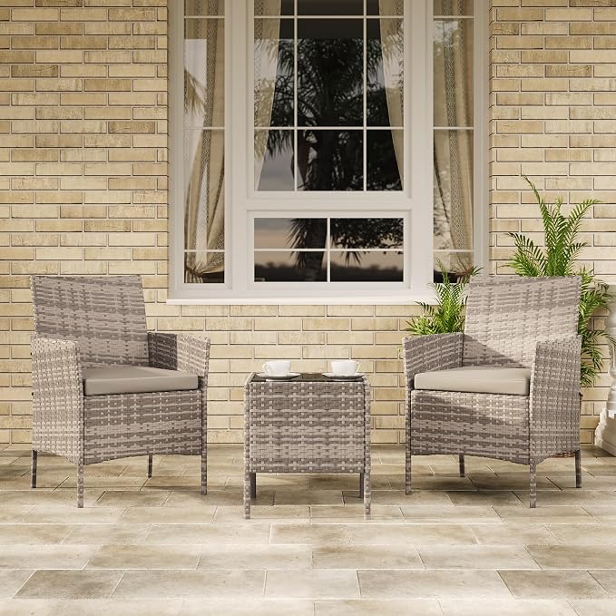 GAOMON 3-Piece Patio Furniture Set, Modern PE Rattan Conversation Set with 2 Chairs & Tempered Glass Coffee Table, All-Weather Outdoor Seating for Garden, Porch, Balcony, Poolside, Grey/Light Grey