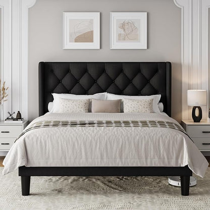 Einhomn Black Queen Size Platform Bed Frame with Fabric Upholstered Wingback Headboard, 12" Under Bed Space, Wooden & Metal Slats Support, No Box Spring Needed