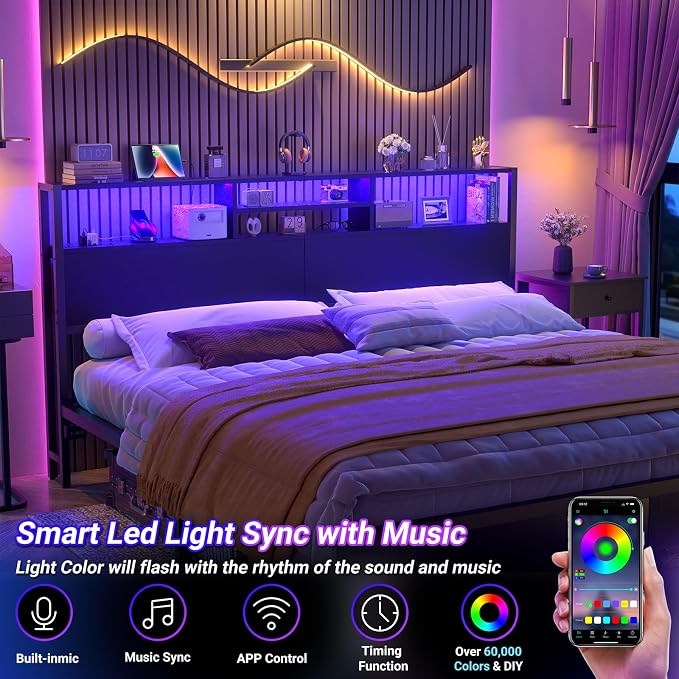 Aheaplus Headboard for King Size Bed with Storage, Headboards with Outlets, USB Ports and LED Light, King Size Head Board Only, Height Adjustable, Reversible, Sturdy and Stable Headboard, Black