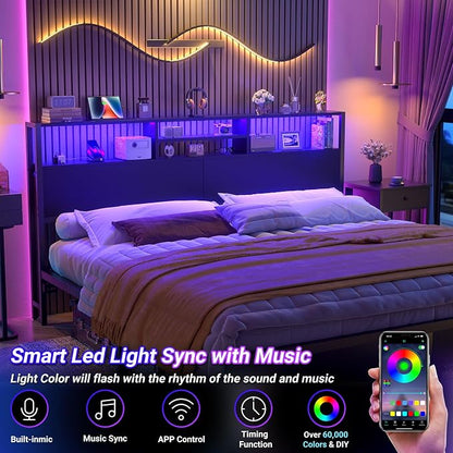 Aheaplus Headboard for King Size Bed with Storage, Headboards with Outlets, USB Ports and LED Light, King Size Head Board Only, Height Adjustable, Reversible, Sturdy and Stable Headboard, Black