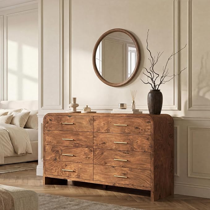 Curved 8-Drawer Dresser for Bedroom, 53.82" Wide Modern Chest of Drawers, Vanity Desk TV Stand for Living Room, Closet Storage Drawers Organizer Furniture, Nursery, Hallway, Dark Burl