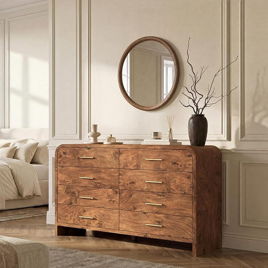 Curved 8-Drawer Dresser for Bedroom, 53.82" Wide Modern Chest of Drawers, Vanity Desk TV Stand for Living Room, Closet Storage Drawers Organizer Furniture, Nursery, Hallway, Dark Burl