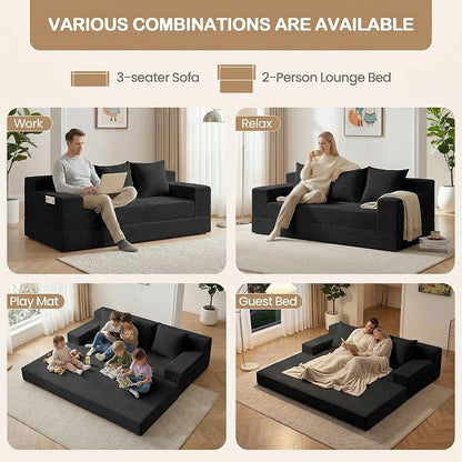 78.5” Convertible Sofa Bed,Corduroy 3 Seater Boneless Couch Bed Futon,Fold Out Couch with 3 Pillows,Loveseat Sleeper with Pull Out Bed for Living Room, Guest,Bedroom,Black