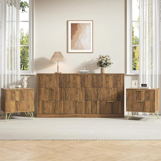 9 Drawer Dresser and Nightstand Sets for Bedroom, 3 Pcs Bedroom Set，Night Stand Set of 2 & 9 Drawer Dresser with Gold Handles, Modern Wood Chest of Drawers Storage Cabinet Set, Natural