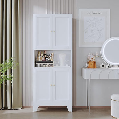 69" Tall Metal Pantry Cabinet with Microwave Stand,Microwave Storage Cabinet with 4 Doors & 3 Adjustable Shelves for Kitchen (4doors-White, 13.78" D x 27.54" W x 68.9" H)