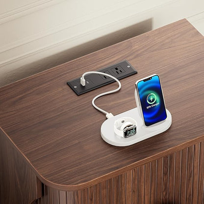 Modern Square Nightstand with Charging Station and Sliding Doors, Modern Bedside Table with Round Wooden Sliding Door Handle, Suitable for Bedroom (Walnut)