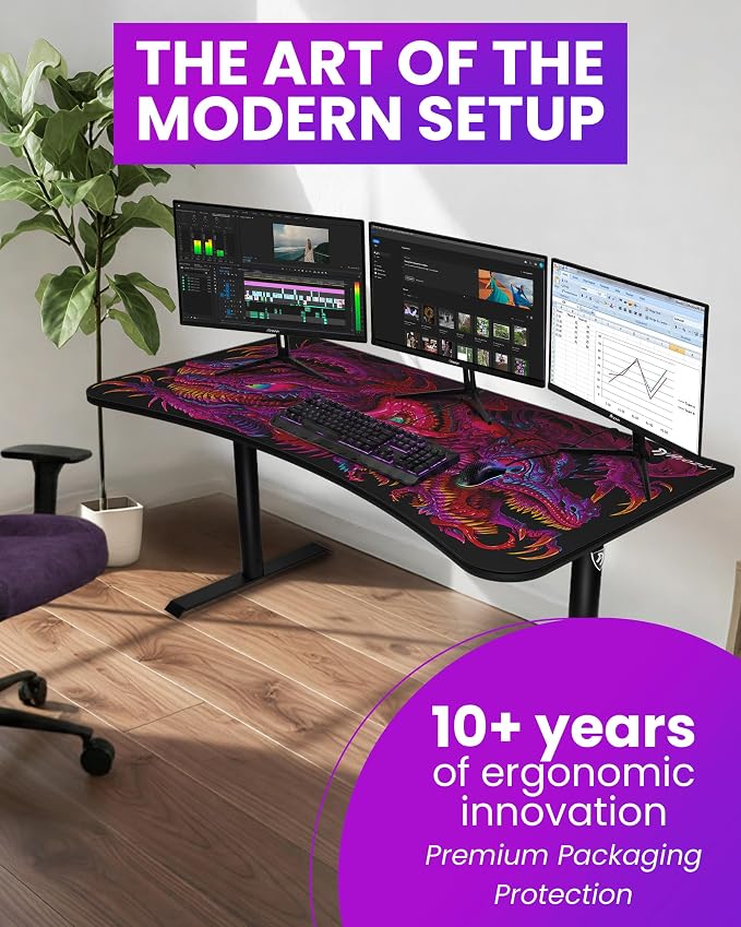 Arozzi Arena Special Edition Ultrawide Curved Gaming and Office Desk with Full Surface Water Resistant Desk Mat Custom Monitor Mount Cable Management Cut Outs - Crawling Chaos