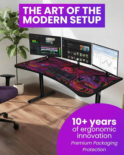 Arozzi Arena Special Edition Ultrawide Curved Gaming and Office Desk with Full Surface Water Resistant Desk Mat Custom Monitor Mount Cable Management Cut Outs - Crawling Chaos